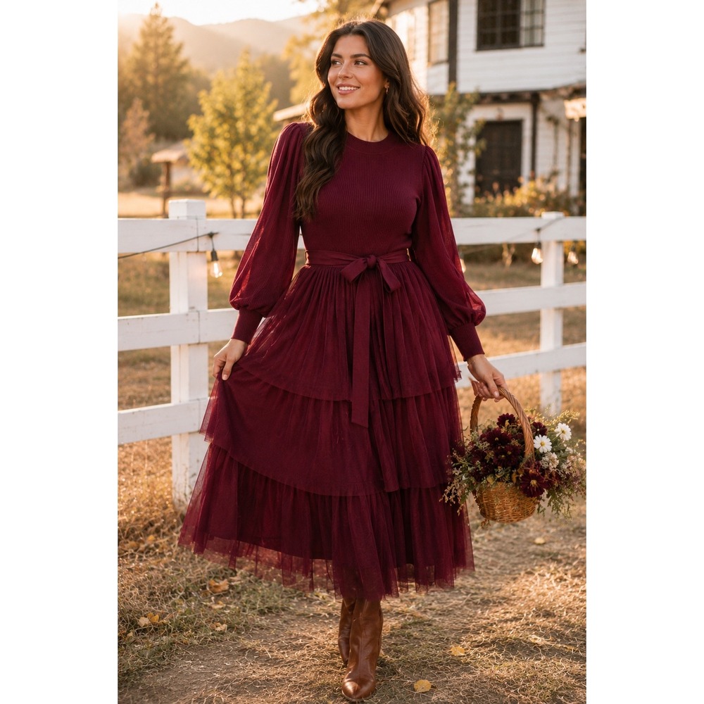 IVY CITY CO COSETTE Ribbed Puff Sleeve Tiered Tulle Midi Dress WOMEN SMALL WINE
